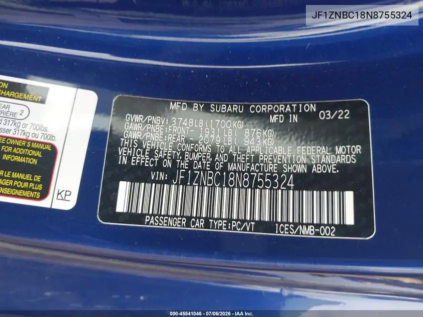 2022 Toyota Gr86 VIN: JF1ZNBC18N8755324 Lot: 45541046