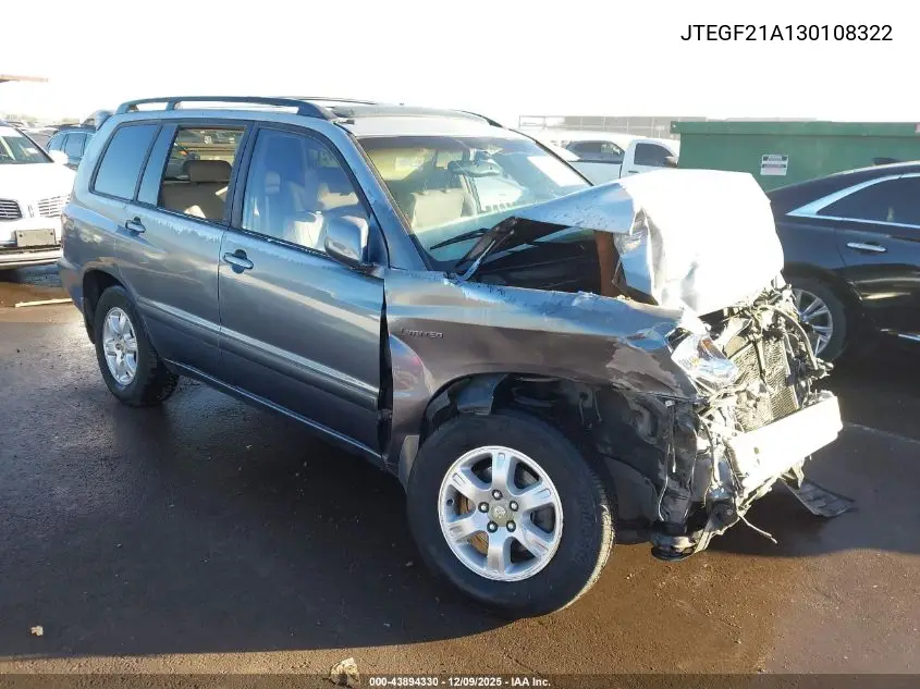 JTEGF21A130108322 2003 Toyota Highlander Limited V6
