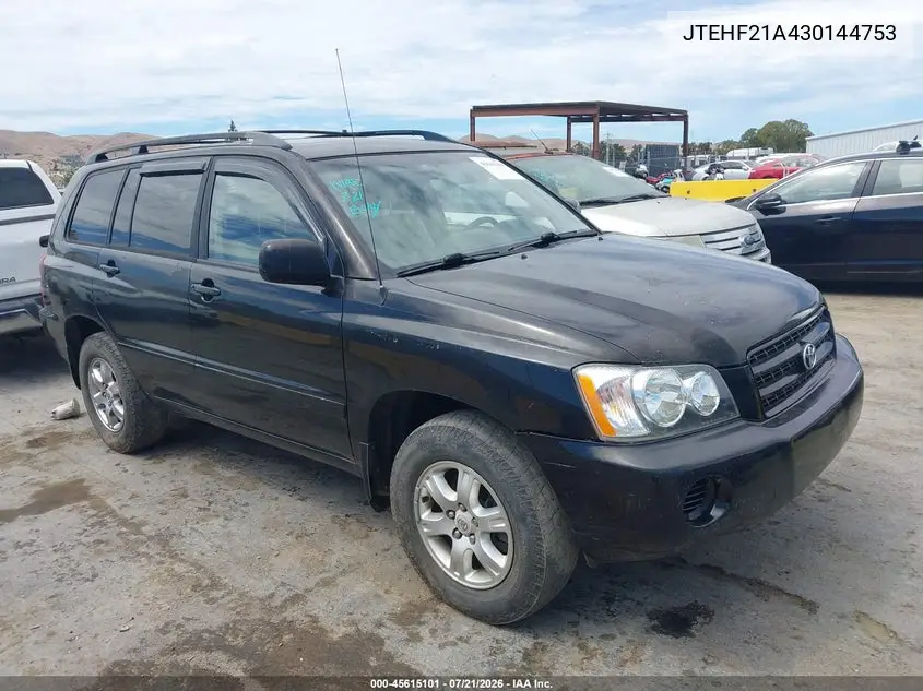 2003 Toyota Highlander V6 VIN: JTEHF21A430144753 Lot: 45615101