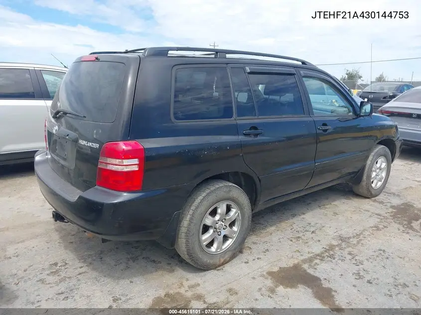 2003 Toyota Highlander V6 VIN: JTEHF21A430144753 Lot: 45615101