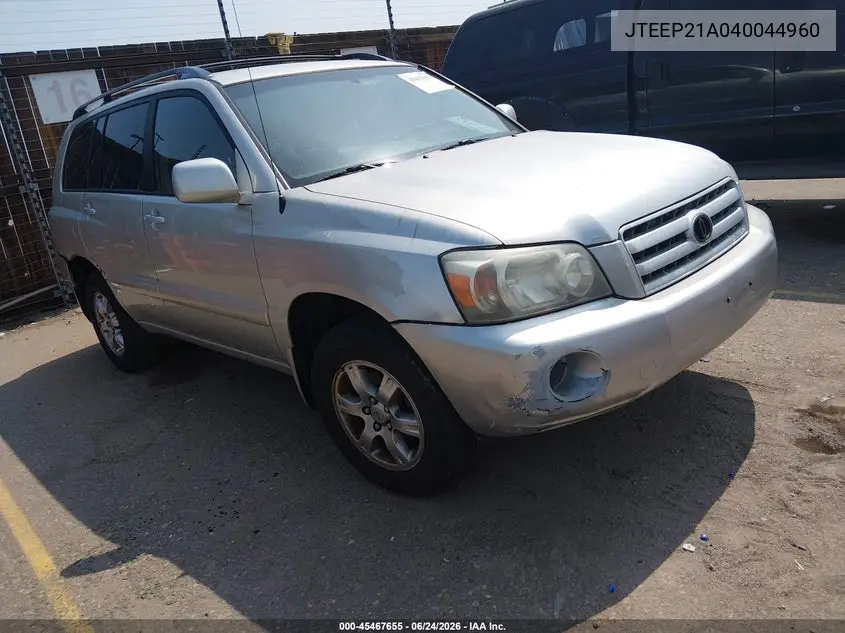 2004 Toyota Highlander V6 VIN: JTEEP21A040044960 Lot: 45467655