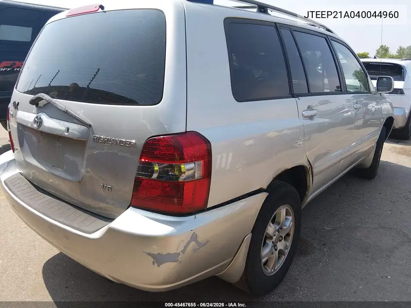2004 Toyota Highlander V6 VIN: JTEEP21A040044960 Lot: 45467655
