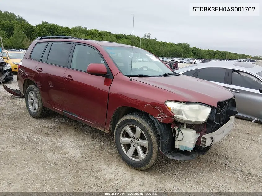 2010 Toyota Highlander Base V6 VIN: 5TDBK3EH0AS001702 Lot: 45181911