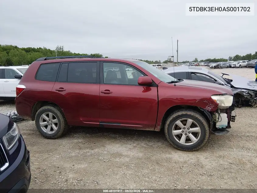 2010 Toyota Highlander Base V6 VIN: 5TDBK3EH0AS001702 Lot: 45181911