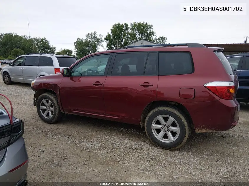 2010 Toyota Highlander Base V6 VIN: 5TDBK3EH0AS001702 Lot: 45181911