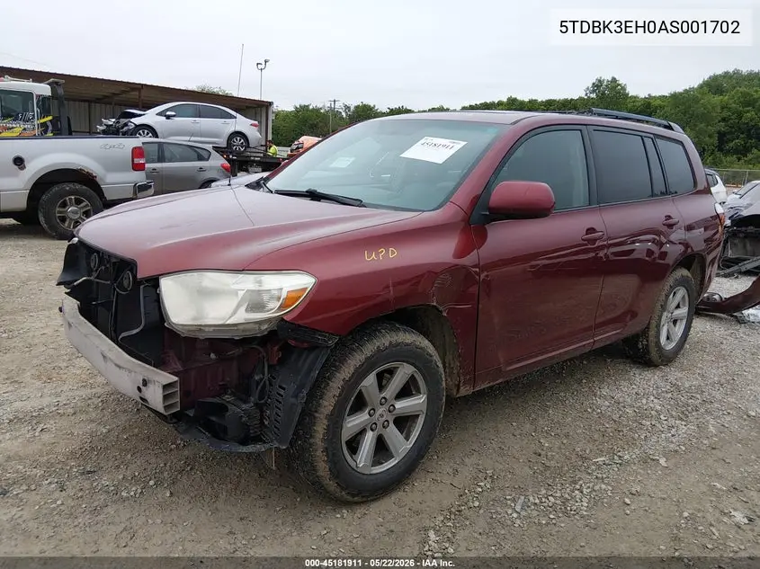 2010 Toyota Highlander Base V6 VIN: 5TDBK3EH0AS001702 Lot: 45181911