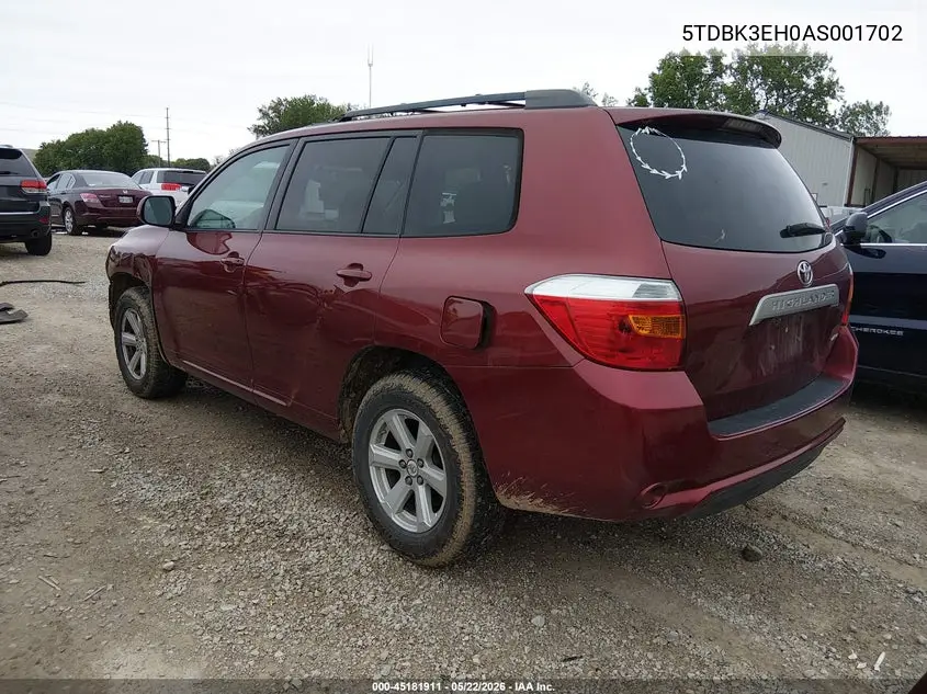 2010 Toyota Highlander Base V6 VIN: 5TDBK3EH0AS001702 Lot: 45181911