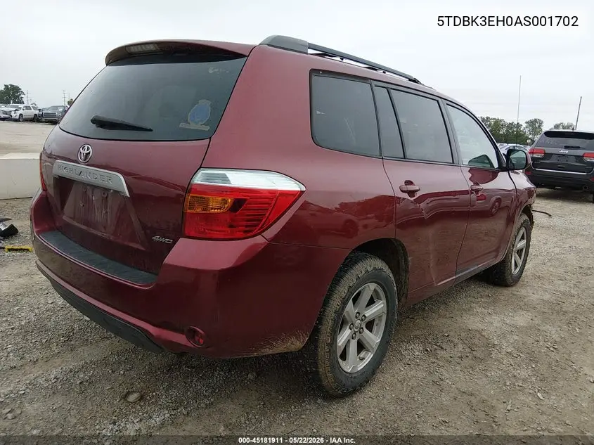 2010 Toyota Highlander Base V6 VIN: 5TDBK3EH0AS001702 Lot: 45181911