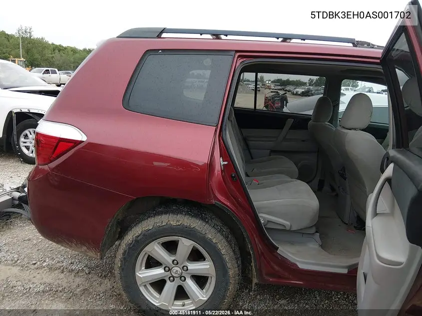 2010 Toyota Highlander Base V6 VIN: 5TDBK3EH0AS001702 Lot: 45181911
