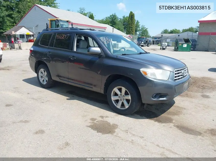 2010 Toyota Highlander Base V6 VIN: 5TDBK3EH1AS003815 Lot: 45669017