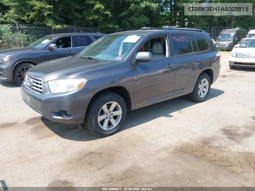 2010 Toyota Highlander Base V6 VIN: 5TDBK3EH1AS003815 Lot: 45669017