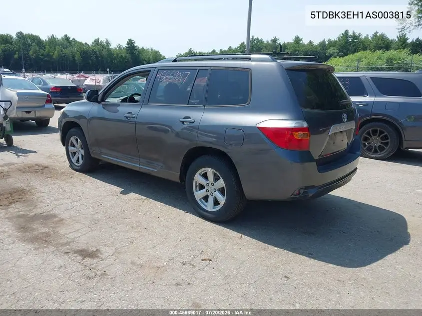 2010 Toyota Highlander Base V6 VIN: 5TDBK3EH1AS003815 Lot: 45669017