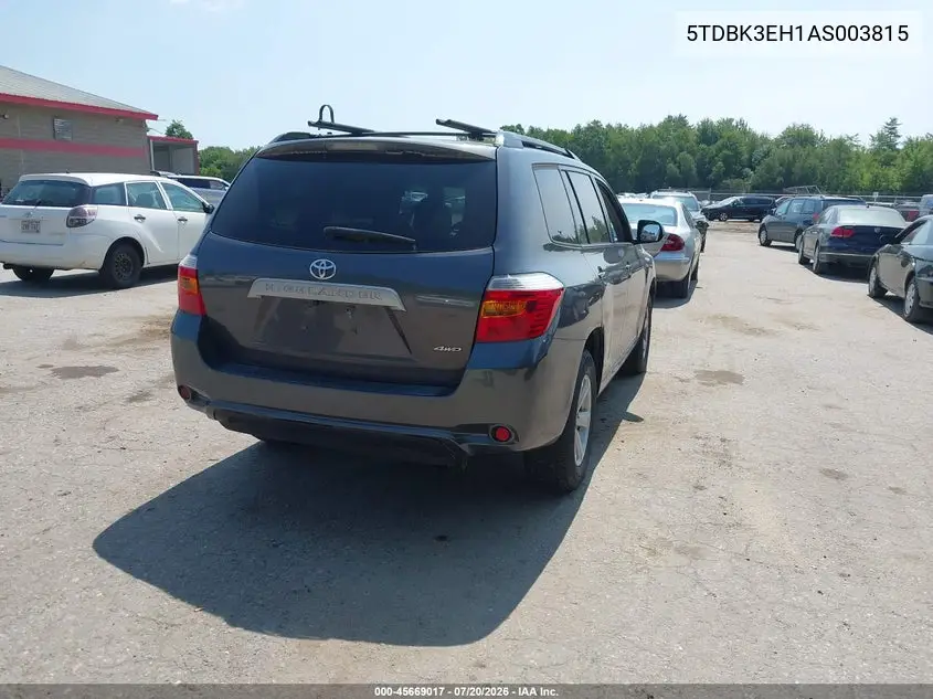 2010 Toyota Highlander Base V6 VIN: 5TDBK3EH1AS003815 Lot: 45669017
