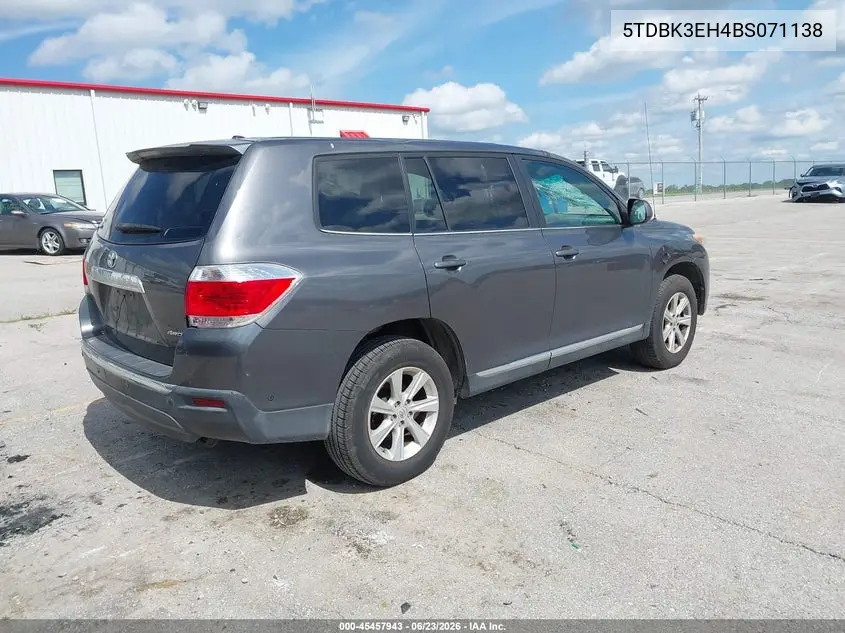2011 Toyota Highlander Base V6 VIN: 5TDBK3EH4BS071138 Lot: 45457943