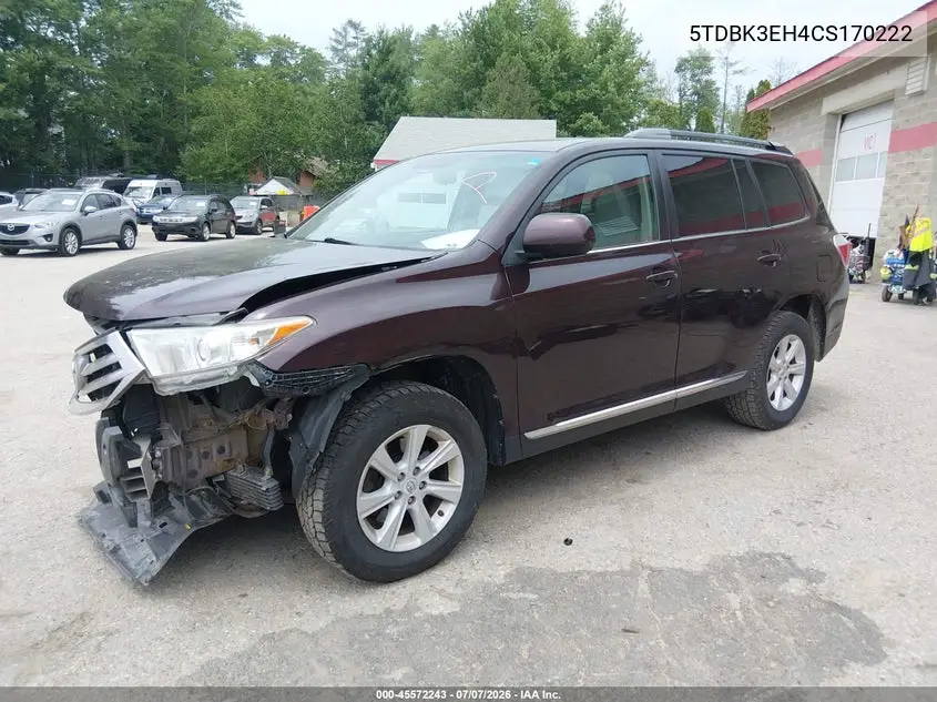 2012 Toyota Highlander Se V6 VIN: 5TDBK3EH4CS170222 Lot: 45572243