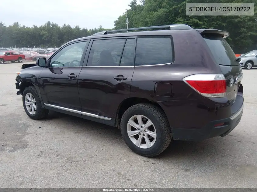 2012 Toyota Highlander Se V6 VIN: 5TDBK3EH4CS170222 Lot: 45572243