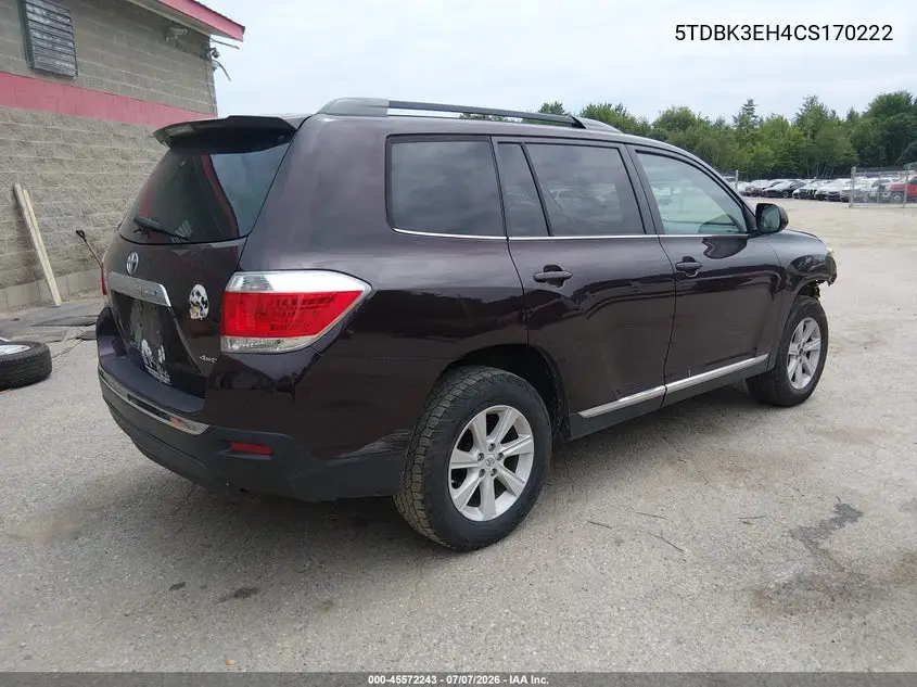 2012 Toyota Highlander Se V6 VIN: 5TDBK3EH4CS170222 Lot: 45572243