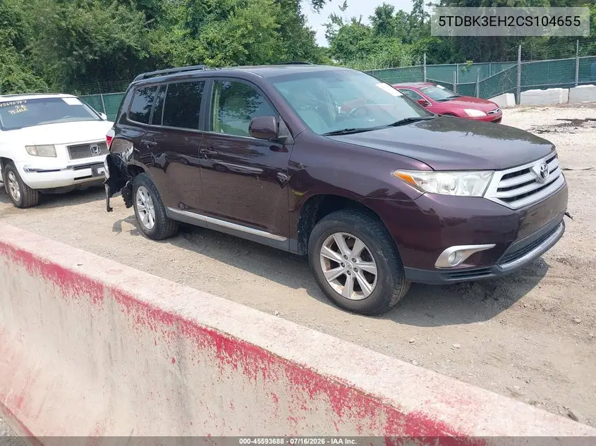 2012 Toyota Highlander Base V6 VIN: 5TDBK3EH2CS104655 Lot: 45593688