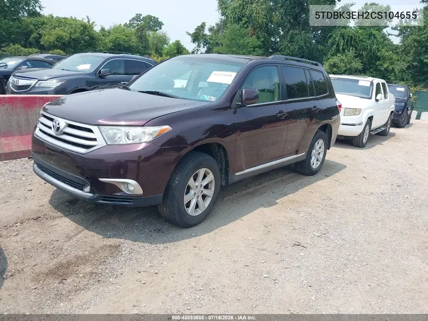 2012 Toyota Highlander Base V6 VIN: 5TDBK3EH2CS104655 Lot: 45593688