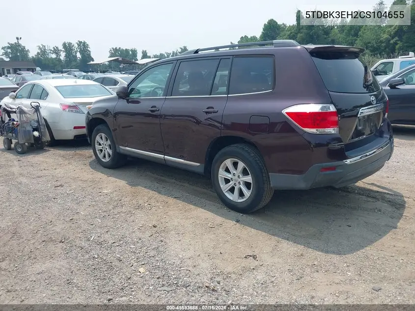 2012 Toyota Highlander Base V6 VIN: 5TDBK3EH2CS104655 Lot: 45593688