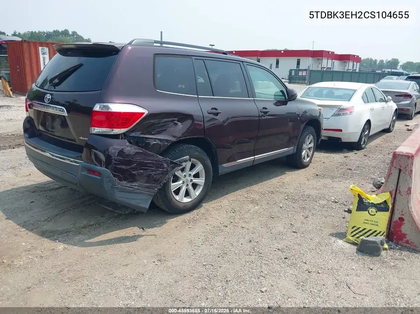 2012 Toyota Highlander Base V6 VIN: 5TDBK3EH2CS104655 Lot: 45593688