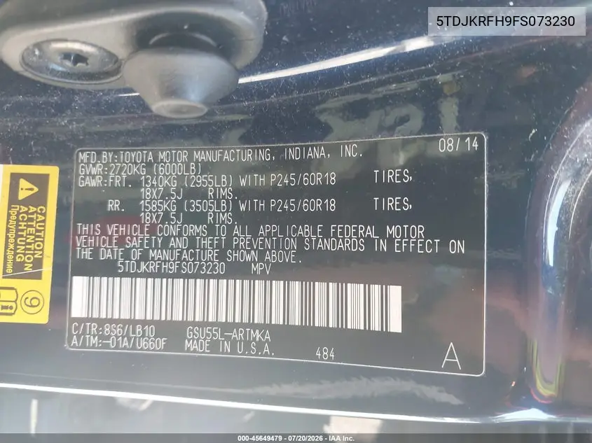 2015 Toyota Highlander Xle V6 VIN: 5TDJKRFH9FS073230 Lot: 45649479