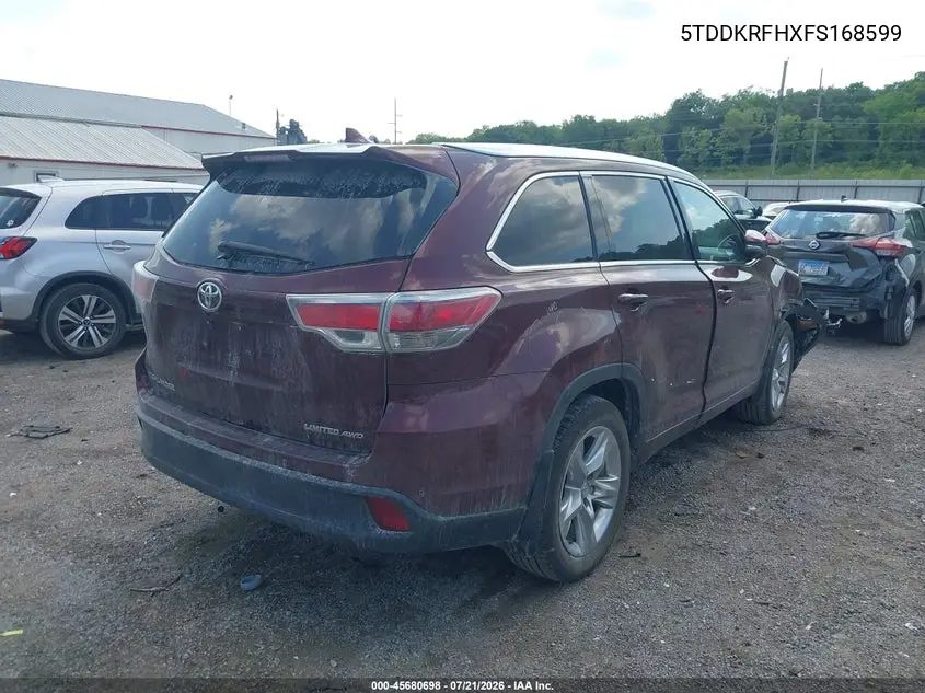 2015 Toyota Highlander Limited V6 VIN: 5TDDKRFHXFS168599 Lot: 45680698