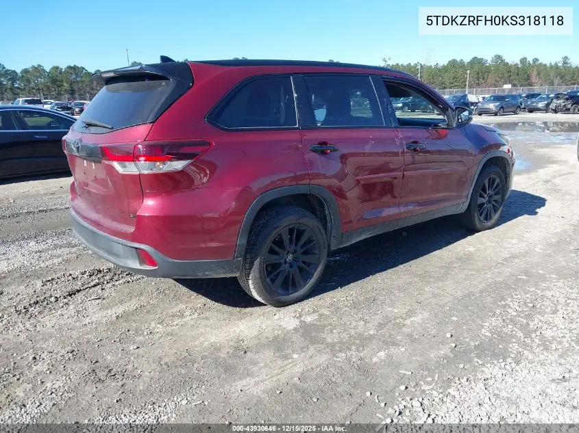 5TDKZRFH0KS318118 2019 Toyota Highlander Se