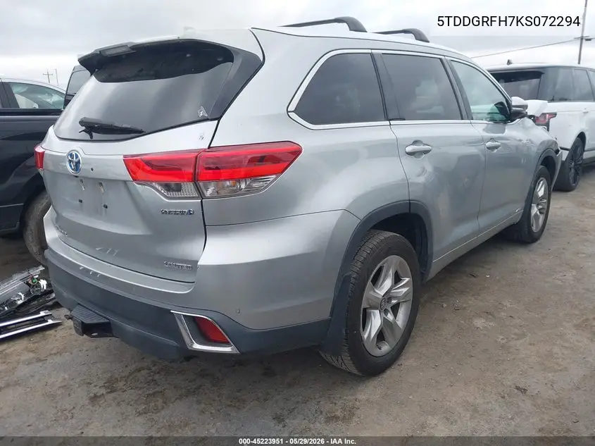 2019 Toyota Highlander Hybrid Limited VIN: 5TDDGRFH7KS072294 Lot: 45223951