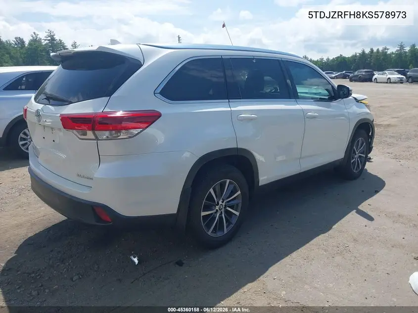 2019 Toyota Highlander Xle VIN: 5TDJZRFH8KS578973 Lot: 45360158