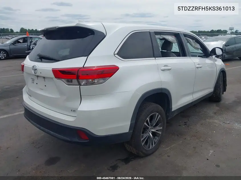 2019 Toyota Highlander Le Plus VIN: 5TDZZRFH5KS361013 Lot: 45467081