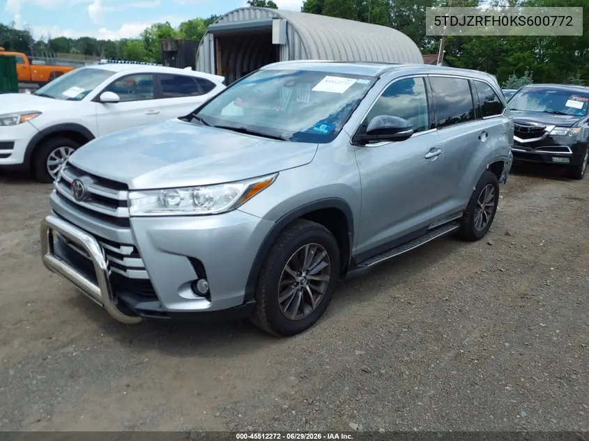 2019 Toyota Highlander Xle VIN: 5TDJZRFH0KS600772 Lot: 45512272