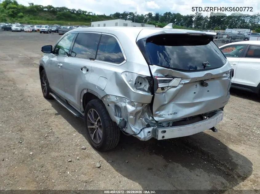 2019 Toyota Highlander Xle VIN: 5TDJZRFH0KS600772 Lot: 45512272