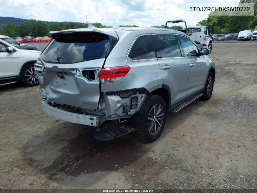 2019 Toyota Highlander Xle VIN: 5TDJZRFH0KS600772 Lot: 45512272