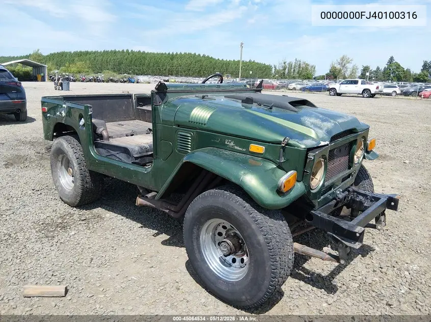 1971 Toyota Landcruiser VIN: 0000000FJ40100316 Lot: 45064534