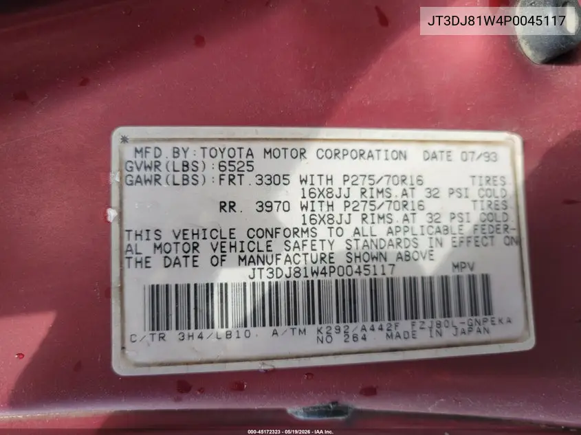 1993 Toyota Land Cruiser Dj81 VIN: JT3DJ81W4P0045117 Lot: 45172323