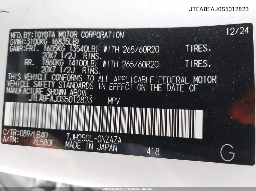 2025 Toyota Land Cruiser VIN: JTEABFAJ0S5012823 Lot: 45592808