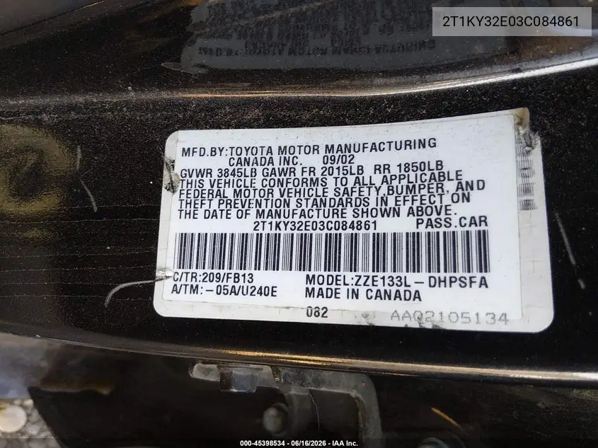 2003 Toyota Matrix Xrs VIN: 2T1KY32E03C084861 Lot: 45398534