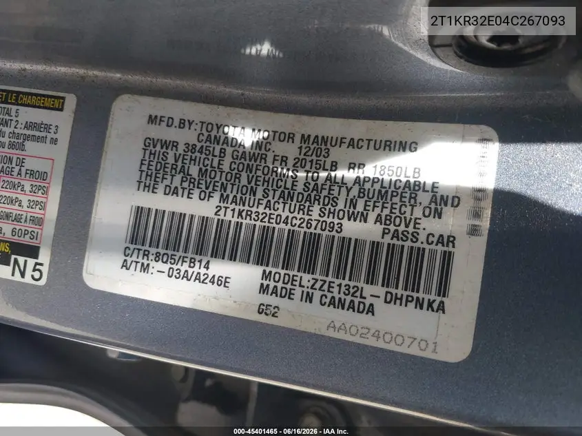 2004 Toyota Matrix Xr VIN: 2T1KR32E04C267093 Lot: 45401465