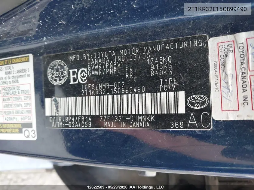 2005 Toyota Matrix Xr VIN: 2T1KR32E15C899490 Lot: 12622589