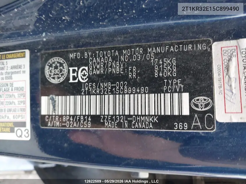 2005 Toyota Matrix Xr VIN: 2T1KR32E15C899490 Lot: 12622589