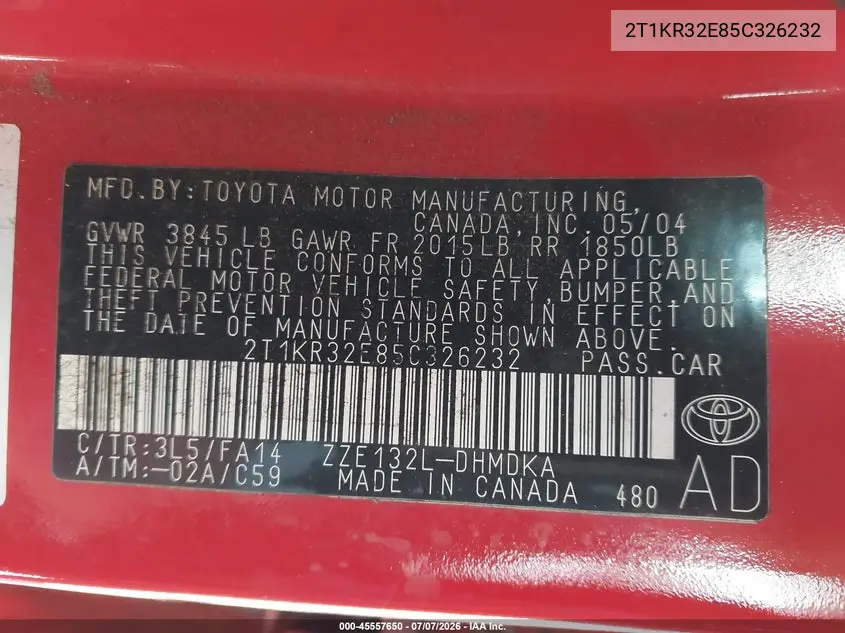 2005 Toyota Matrix Xr VIN: 2T1KR32E85C326232 Lot: 45557650