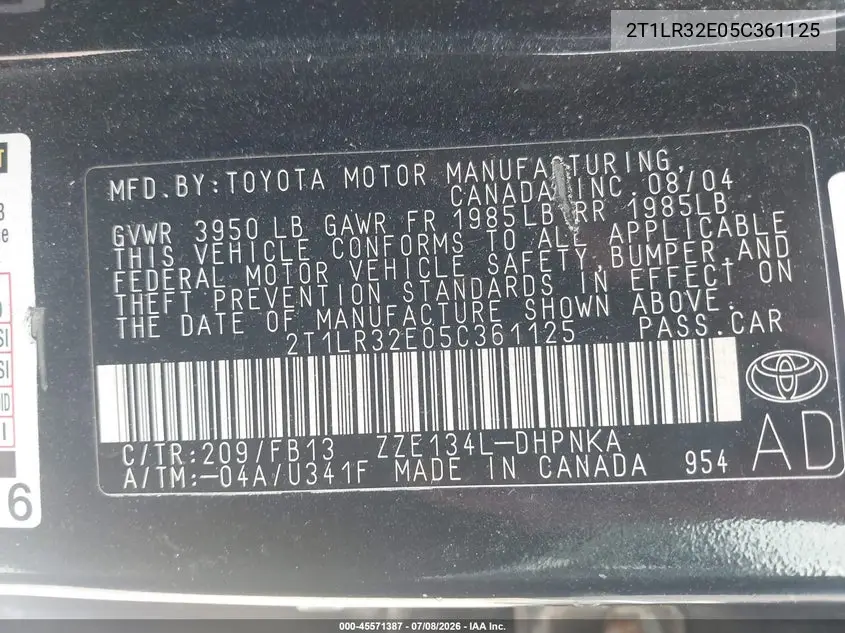 2005 Toyota Matrix Xr VIN: 2T1LR32E05C361125 Lot: 45571387