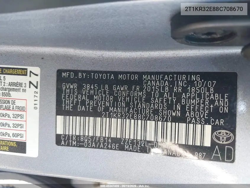 2008 Toyota Matrix Xr VIN: 2T1KR32E88C708670 Lot: 45347406