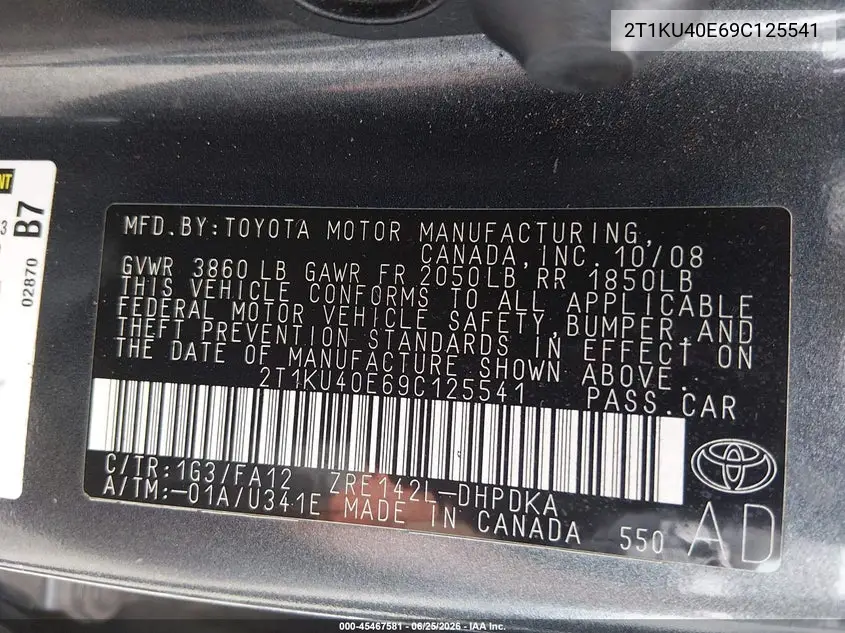 2009 Toyota Matrix VIN: 2T1KU40E69C125541 Lot: 45467581