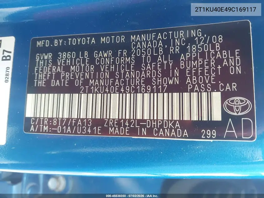 2009 Toyota Matrix VIN: 2T1KU40E49C169117 Lot: 45538350