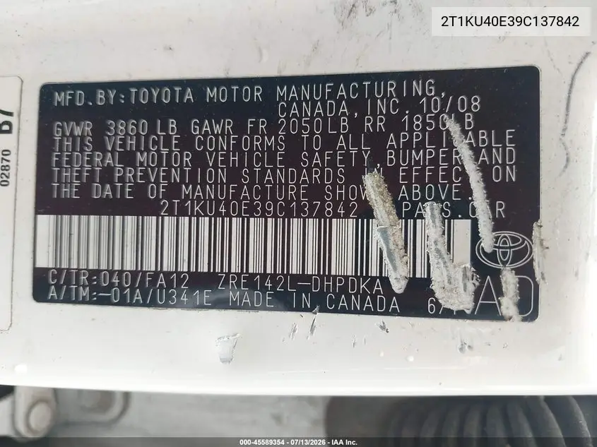 2009 Toyota Matrix VIN: 2T1KU40E39C137842 Lot: 45589354