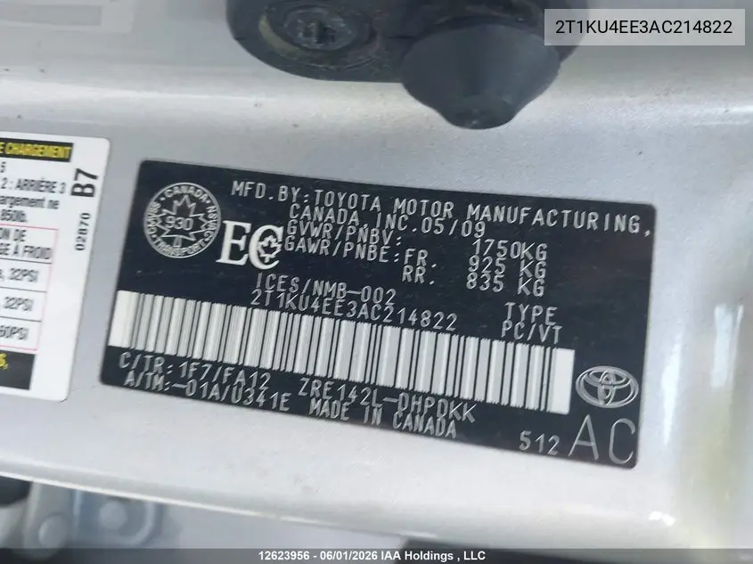2010 Toyota Matrix VIN: 2T1KU4EE3AC214822 Lot: 12623956