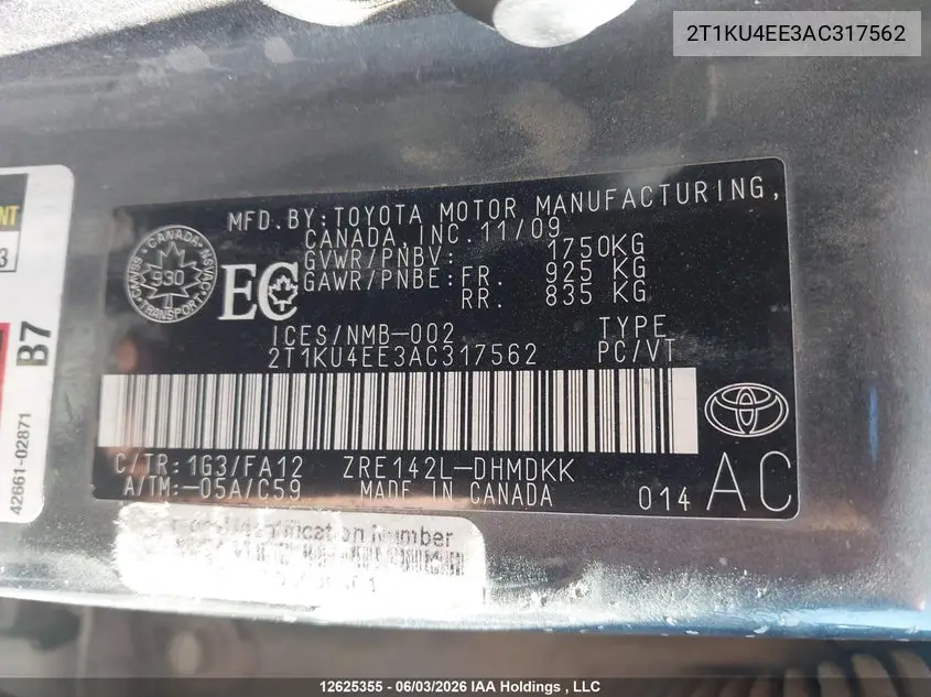 2010 Toyota Matrix VIN: 2T1KU4EE3AC317562 Lot: 12625355x