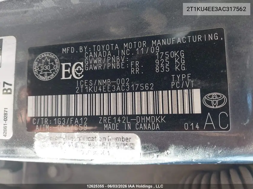 2010 Toyota Matrix VIN: 2T1KU4EE3AC317562 Lot: 12625355x